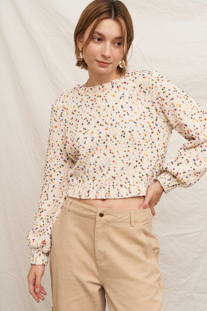 EN CREME Cream Confetti Puffed Long Sleeve Sweater