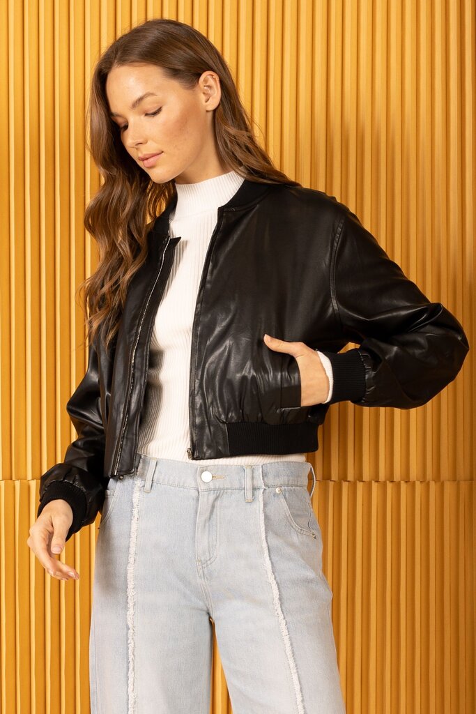 HEYSON Black Pleather Bomber Jacket