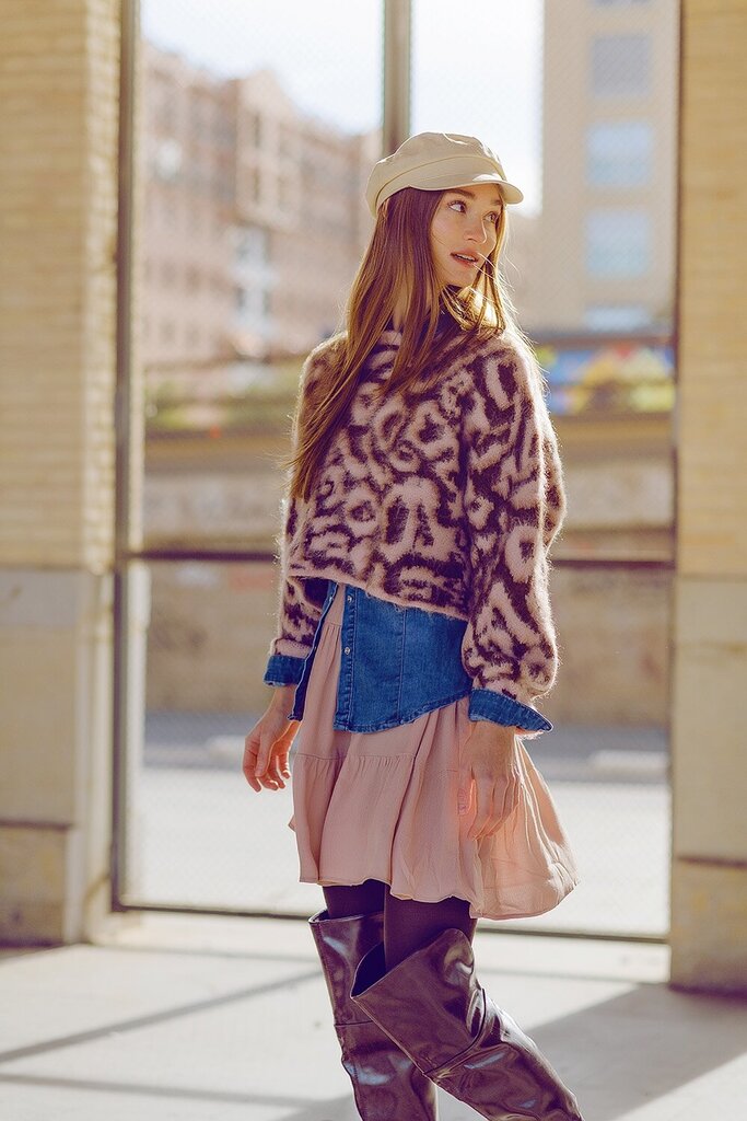 Q2 Pink and Brown Leopard Print Fuzzy Sweater