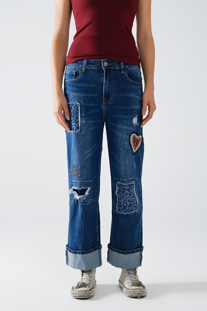 Q2 Denim Embellished Relaxed Fix High Rise Jean