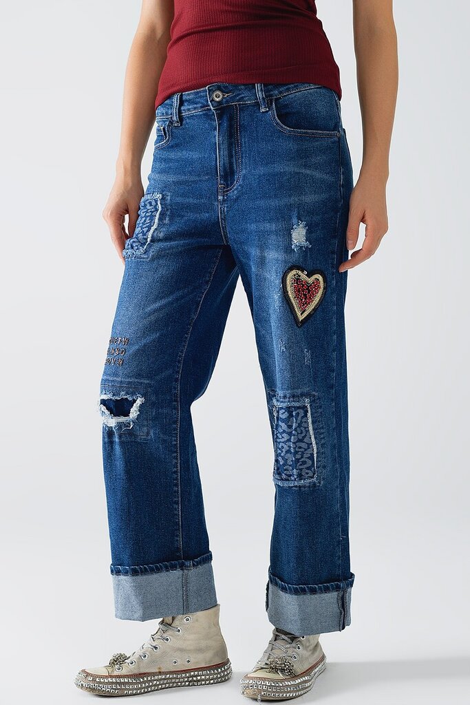 Q2 Denim Embellished Relaxed Fix High Rise Jean