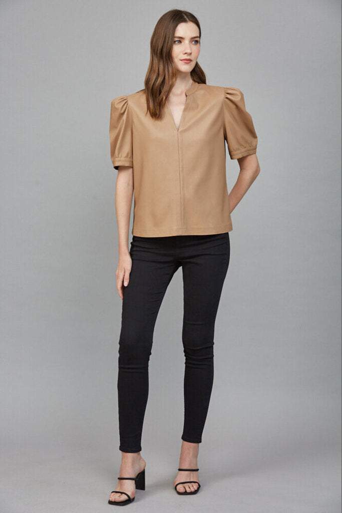 FATE Tan Split Neck Puff Short Sleeve Top