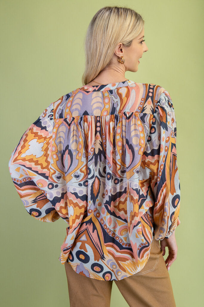 GIGIO Multi Retro Print Button-up Long Sleeve Top