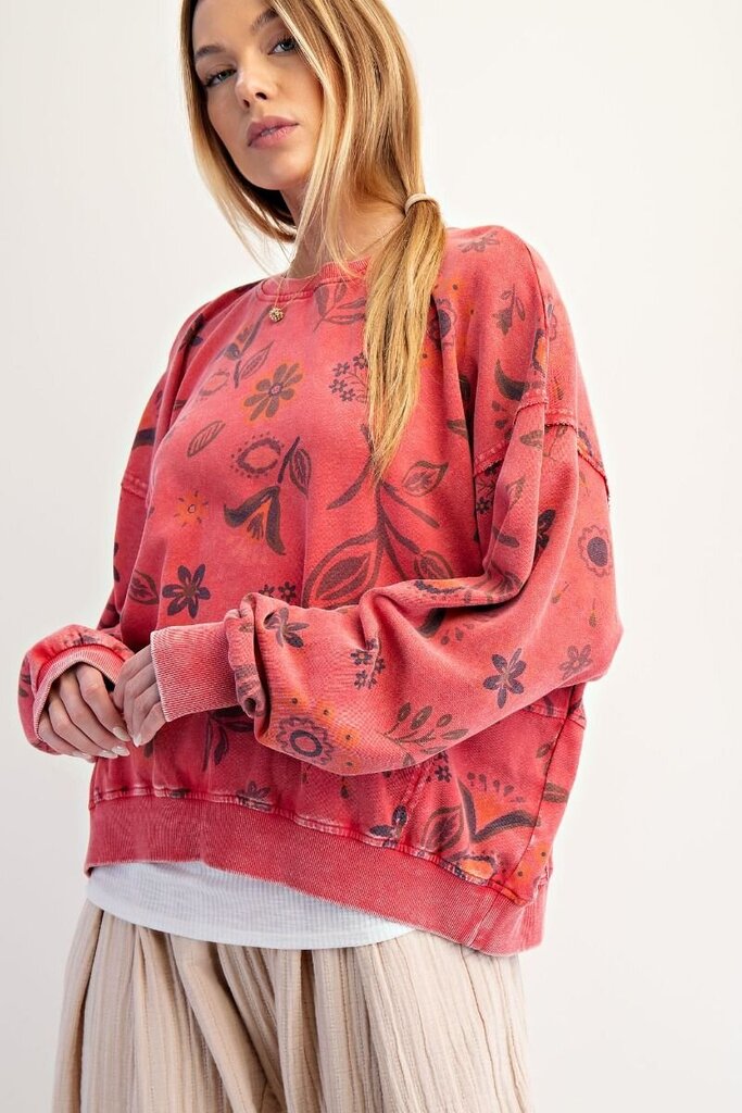 EASEL Red Mineral Wash Long Sleeve Floral Print Cotton Pullover Top