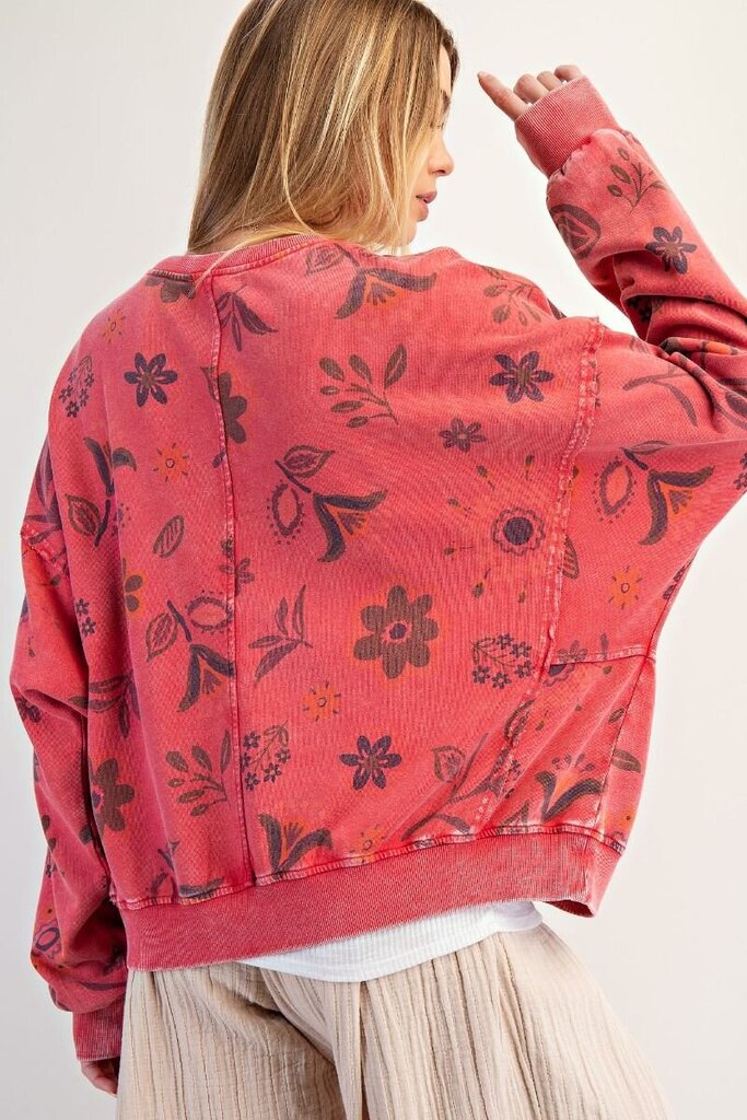 EASEL Red Mineral Wash Long Sleeve Floral Print Cotton Pullover Top