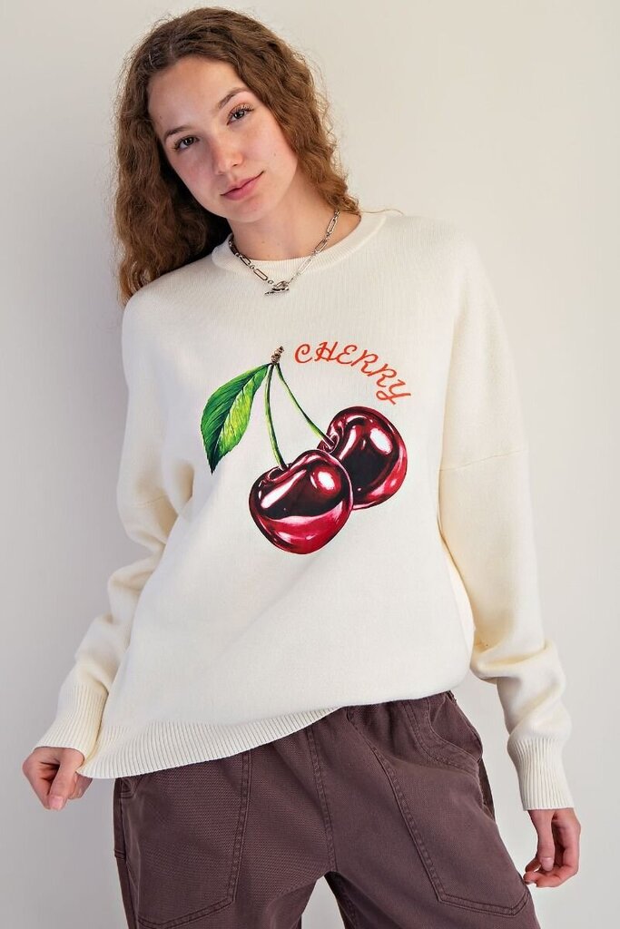 EASEL Cream Pullover Cherry Print Cotton Sweater