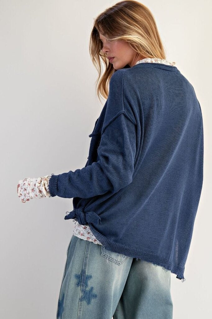 EASEL Denim Blue Long Sleeve Pocket Crew Neck Sweater