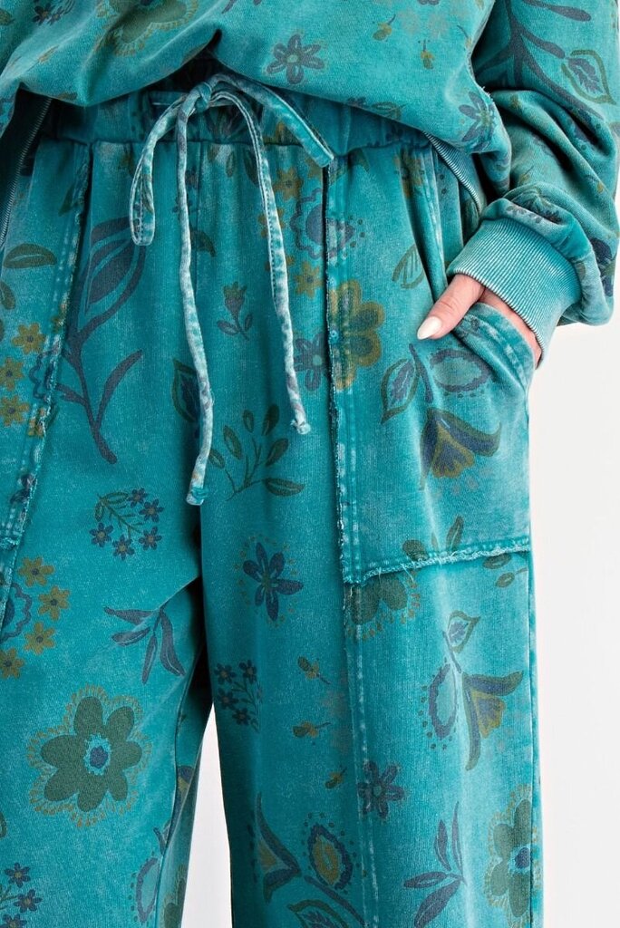 EASEL Teal Mineral Wash Floral Lounge Pant