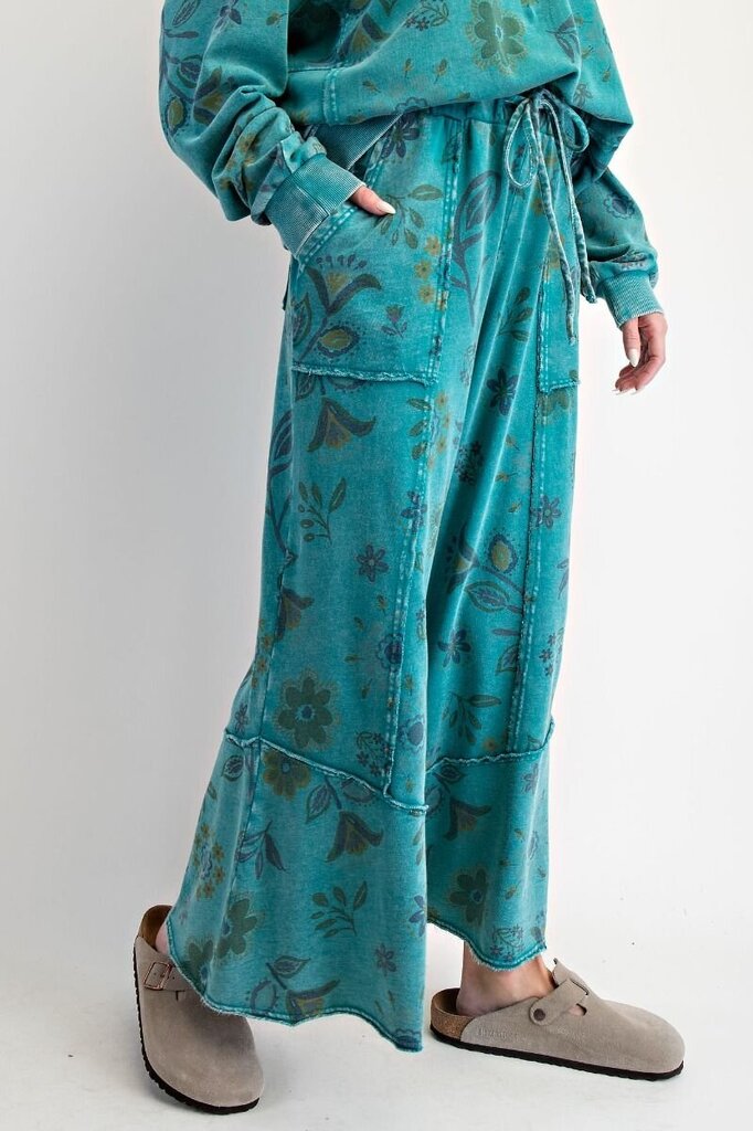 EASEL Teal Mineral Wash Floral Lounge Pant