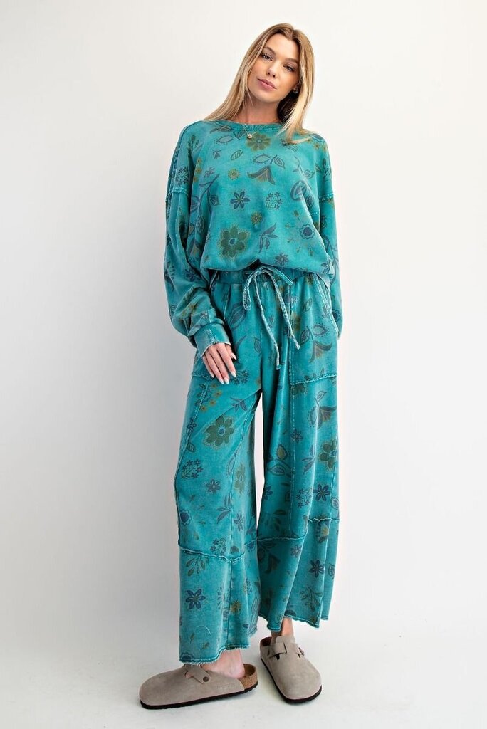 EASEL Teal Mineral Wash Floral Lounge Pant