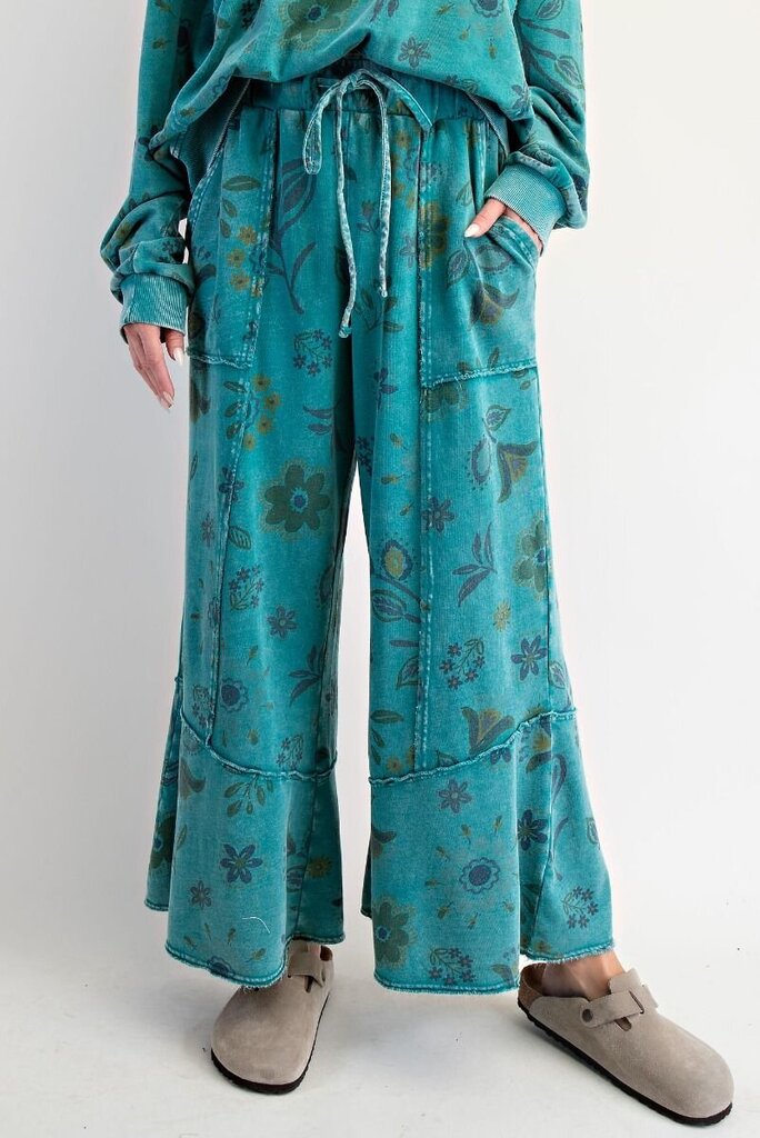 EASEL Teal Mineral Wash Floral Lounge Pant