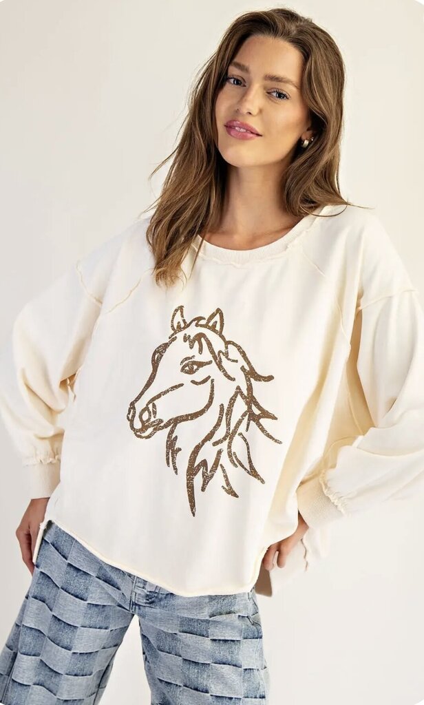 EESOME Cream with Horse Graphic Dropped Shoulder Sweatshirt
