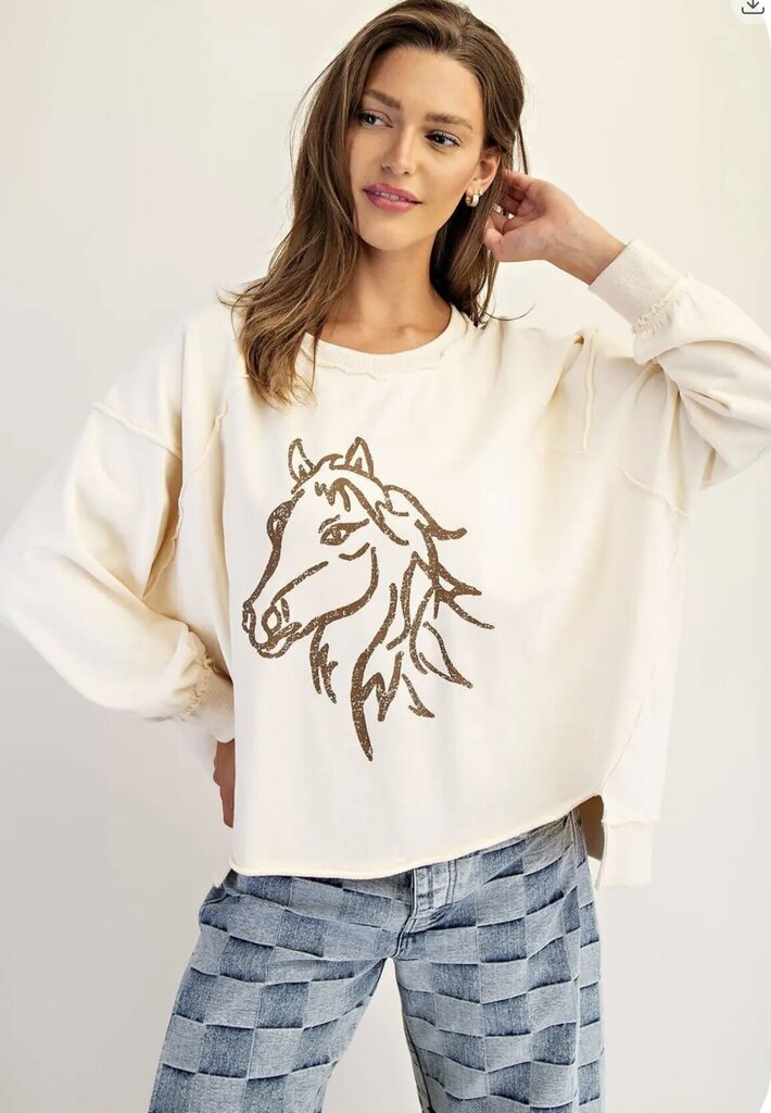 EESOME Cream with Horse Graphic Dropped Shoulder Sweatshirt