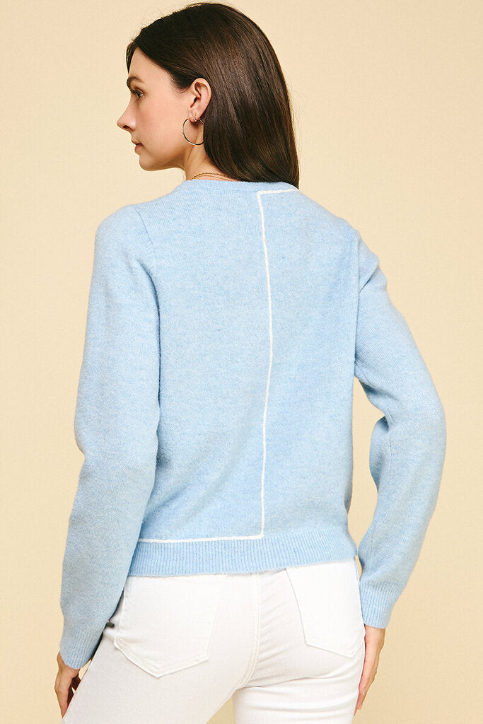 PINCH Light Blue Long Sleeve White Stitch Sweater