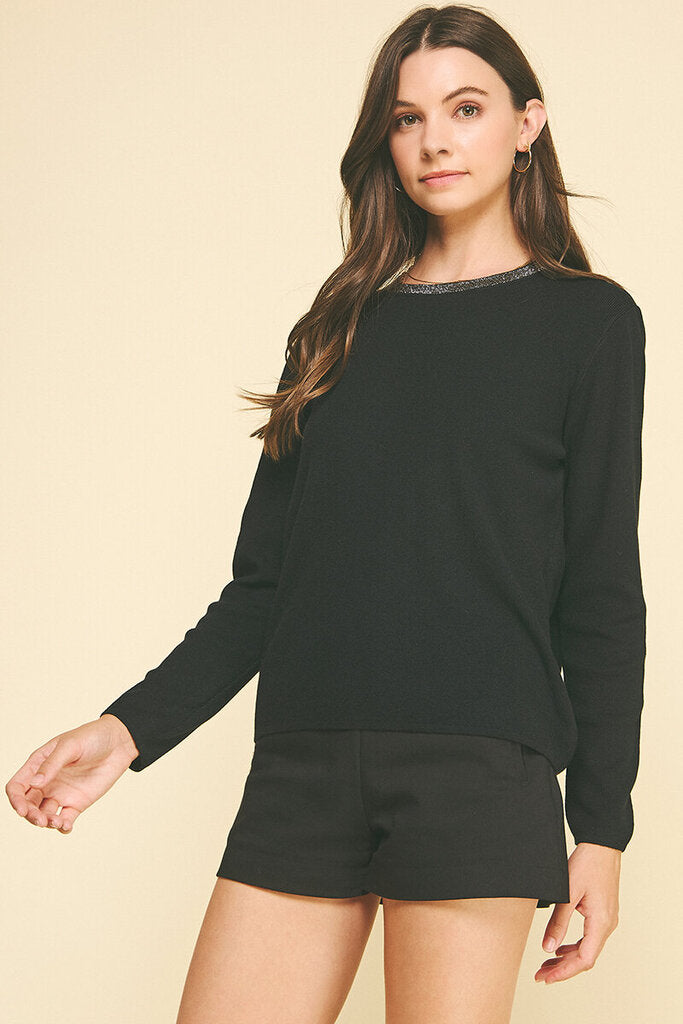 Pinch Black Small Jeweled Neckline Long Sleeve Sweater