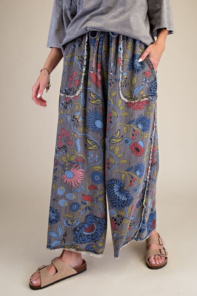 EASEL Grey Floral Print Washed Chambray Tencel Pants