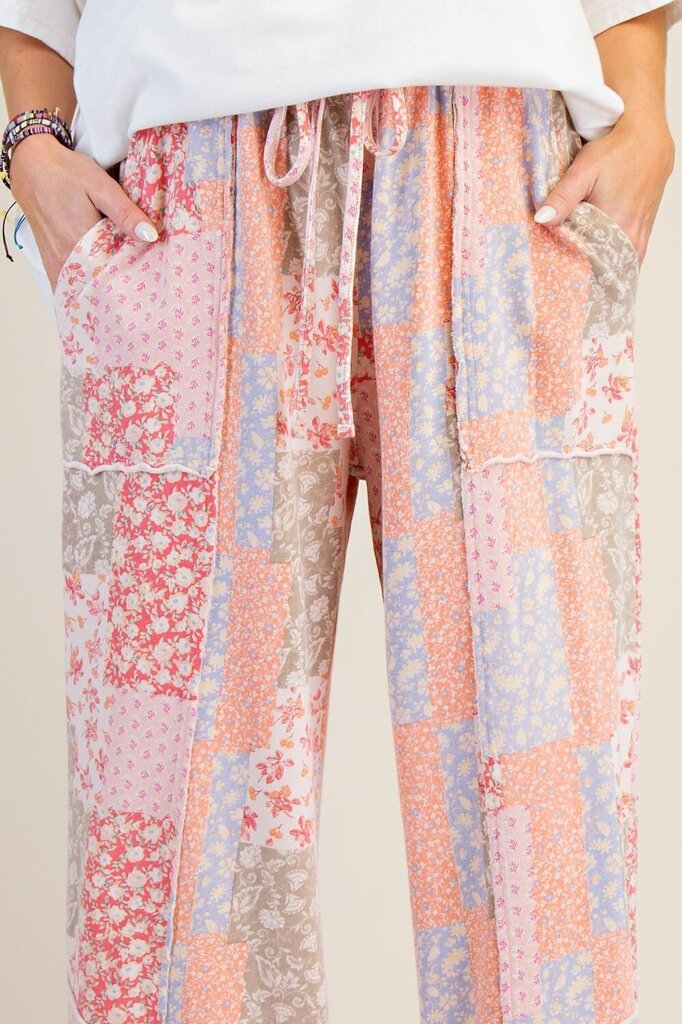 EASEL PATCHWORK PRINT MINERAL WASHED TERRY PANTS