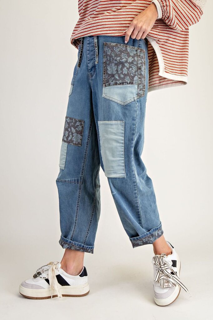 EASEL WASHED DENIM PATCHWORK & PAISLEY BARREL STRETCH JEANS