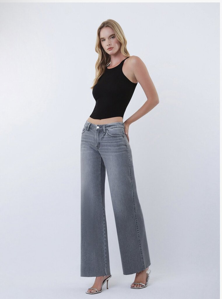 VERVET Grey Mid Rise Clean Cut Raw Hem Wide Leg Jeans