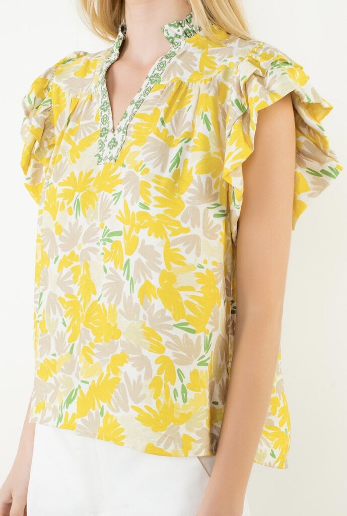 THML White and Yellow Floral Fluttery Sleeves Top