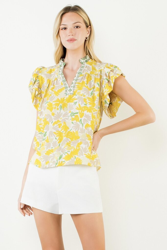 THML White and Yellow Floral Fluttery Sleeves Top