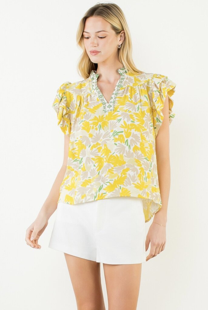THML White and Yellow Floral Fluttery Sleeves Top