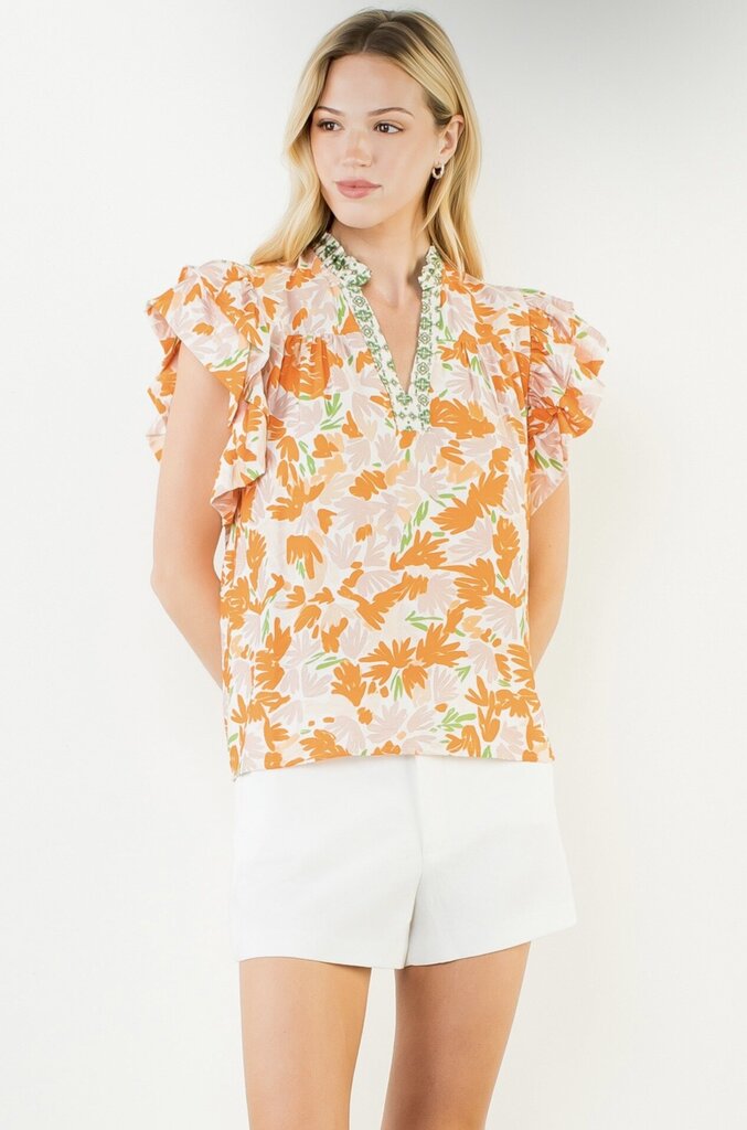 THML White and Orange Floral Fluttery Sleeves Top