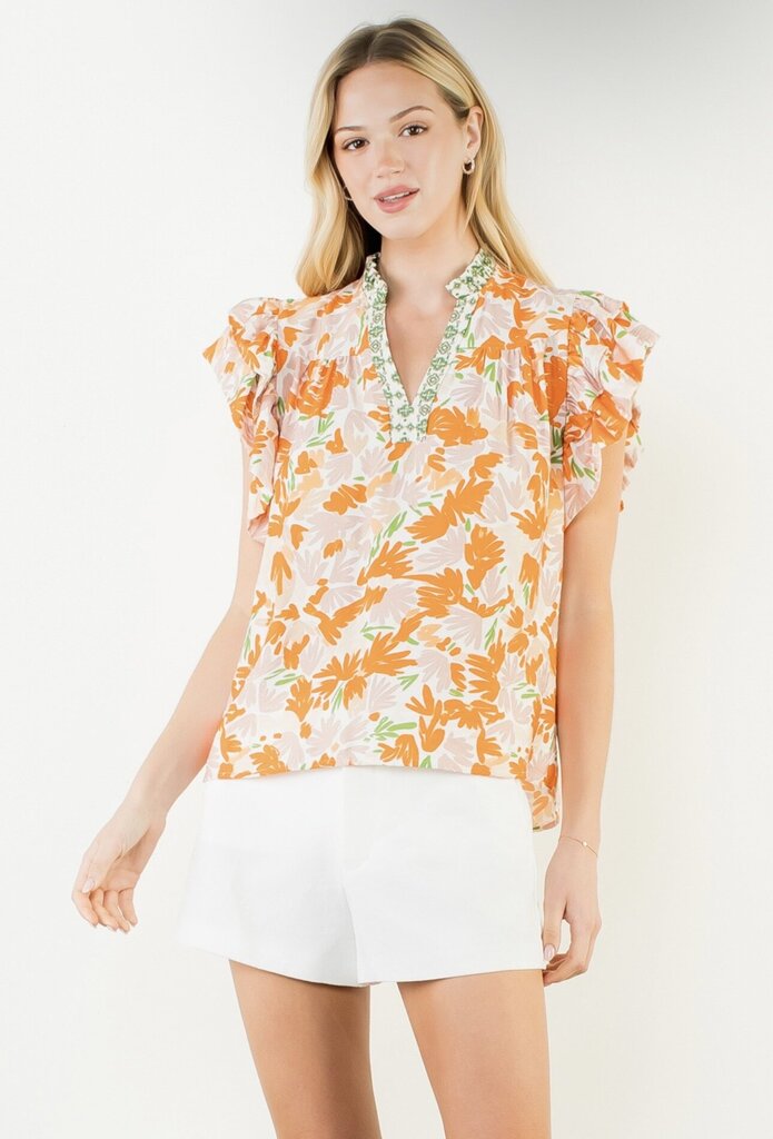 THML White and Orange Floral Fluttery Sleeves Top