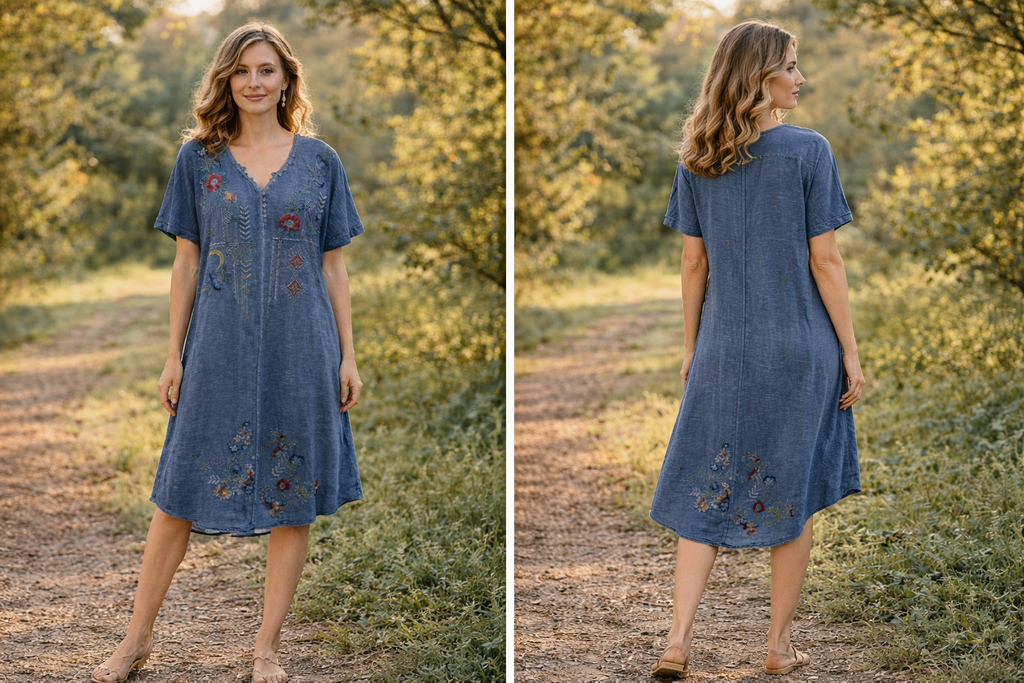 CAITE Blue Cotton Short Sleeve V-neck Embroidered Dress