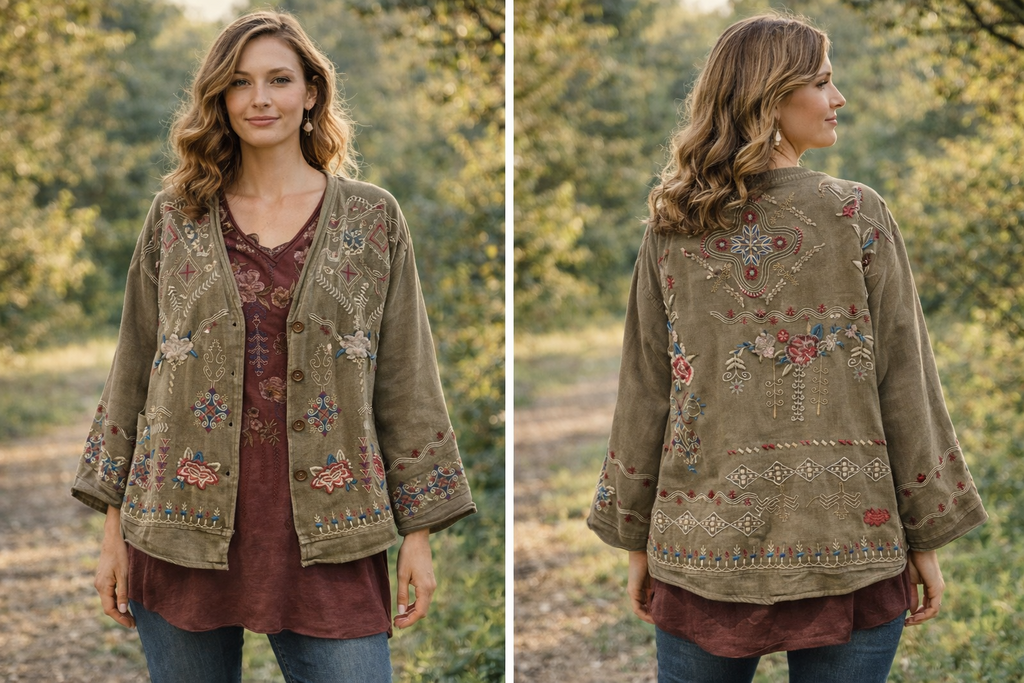 CAITE Khaki Mixed Embroidery Cardigan Top