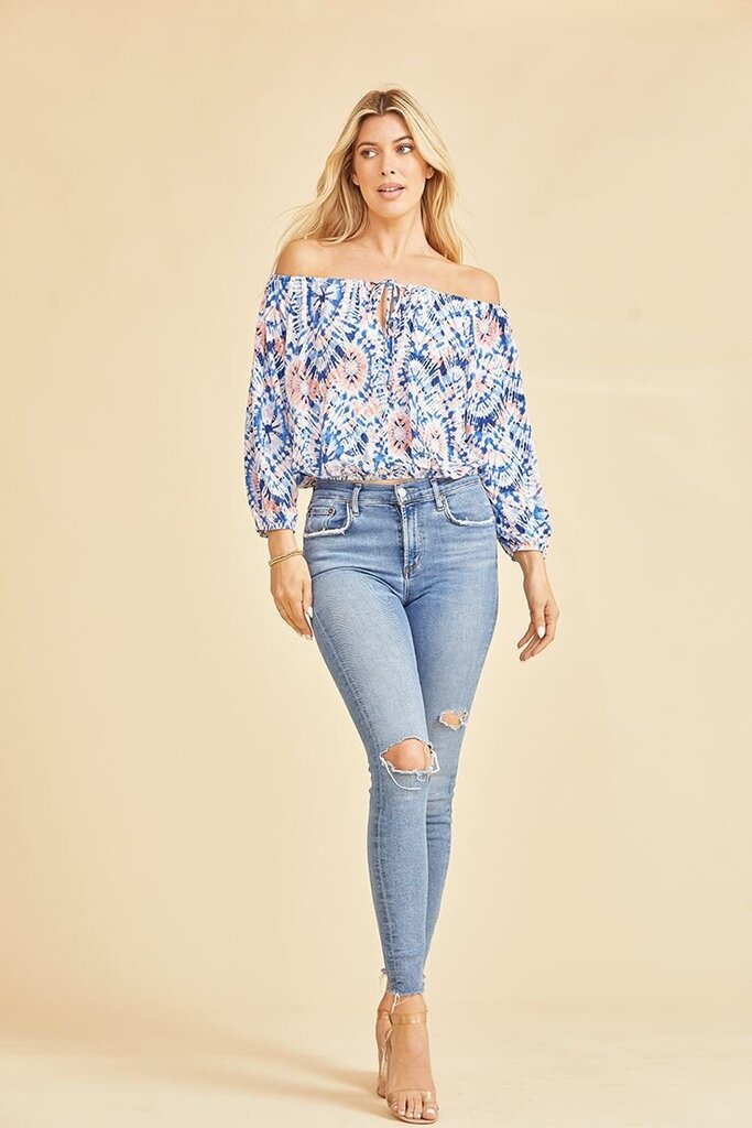 SEW IN LOVE White Blue and Pink Mid Sleeve Top