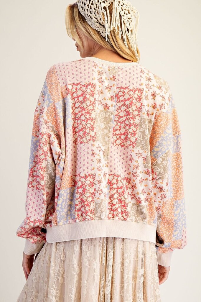 EASEL Long Sleeve Washed Terry Mixed Floral Patchwork Top