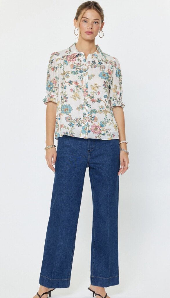 CURRENT AIR White Floral Short Sleeve Button Down Top