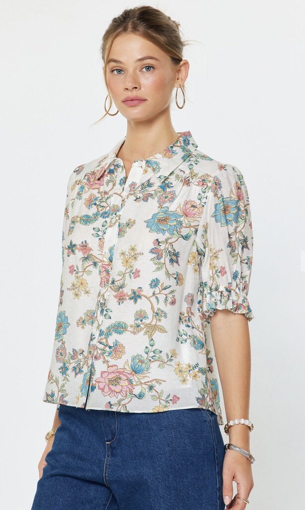 CURRENT AIR White Floral Short Sleeve Button Down Top