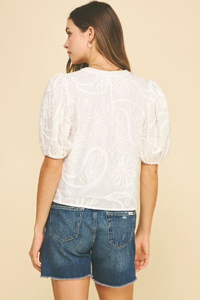 PINCH White Cotton Balloon Short Sleeves Embroidered Floral Top