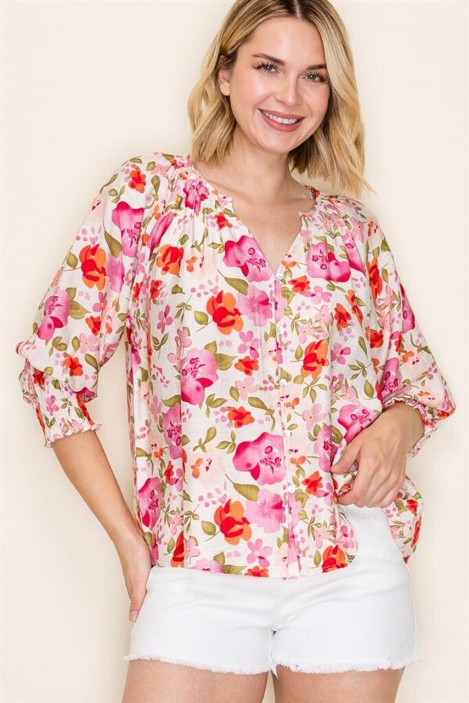 STACCATO Cream and Multi Pink Floral Mid Sleeve Top