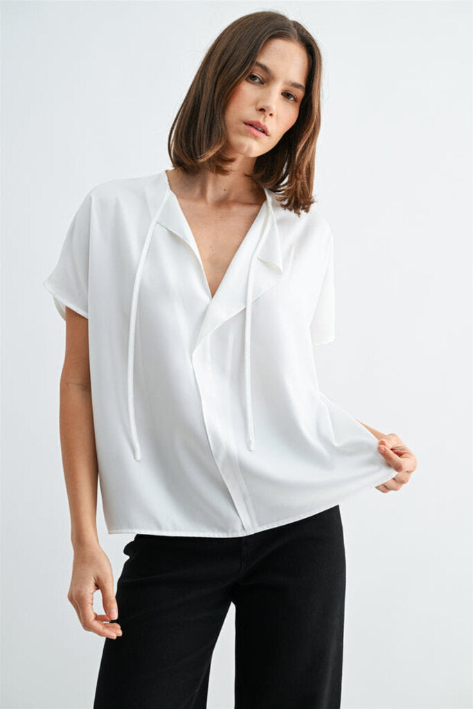 FUN2FUN White Split Neck Short Sleeve Blouse Top