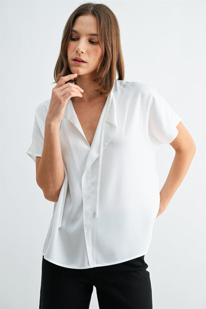 FUN2FUN White Split Neck Short Sleeve Blouse Top