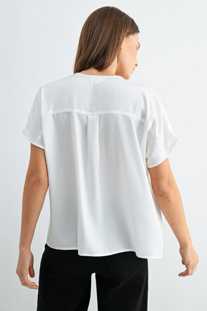 FUN2FUN White Split Neck Short Sleeve Blouse Top