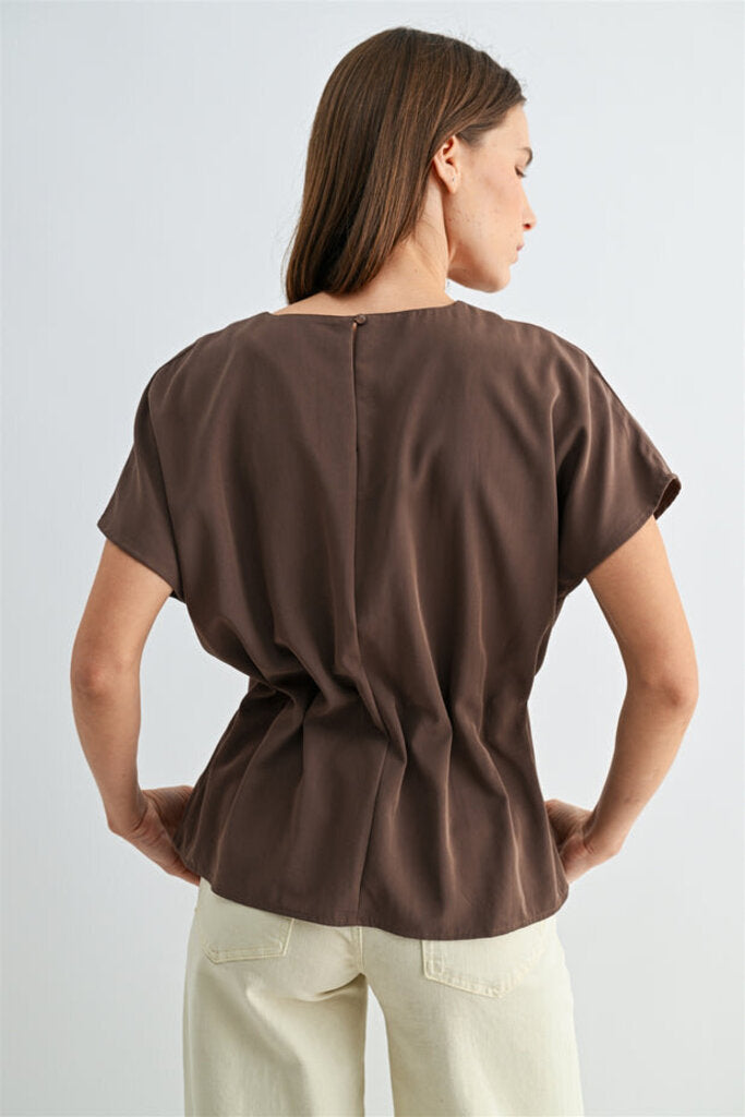 FUN2FUN Brown Short Sleeve Pleated Top