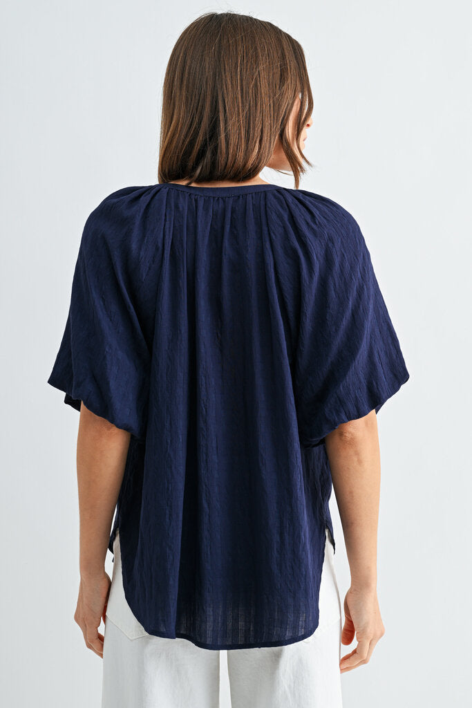 FUN2FUN Navy Printed Puffed Short Sleeve Button-up Top