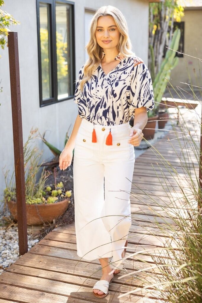 VOY Navy & Cream Smocked Neck and Shoulder Detail Printed Top