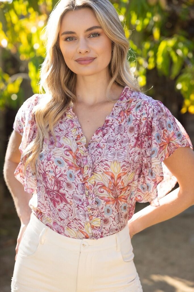 VOY Ruffled Detail Hidden Button Up Floral Print Top