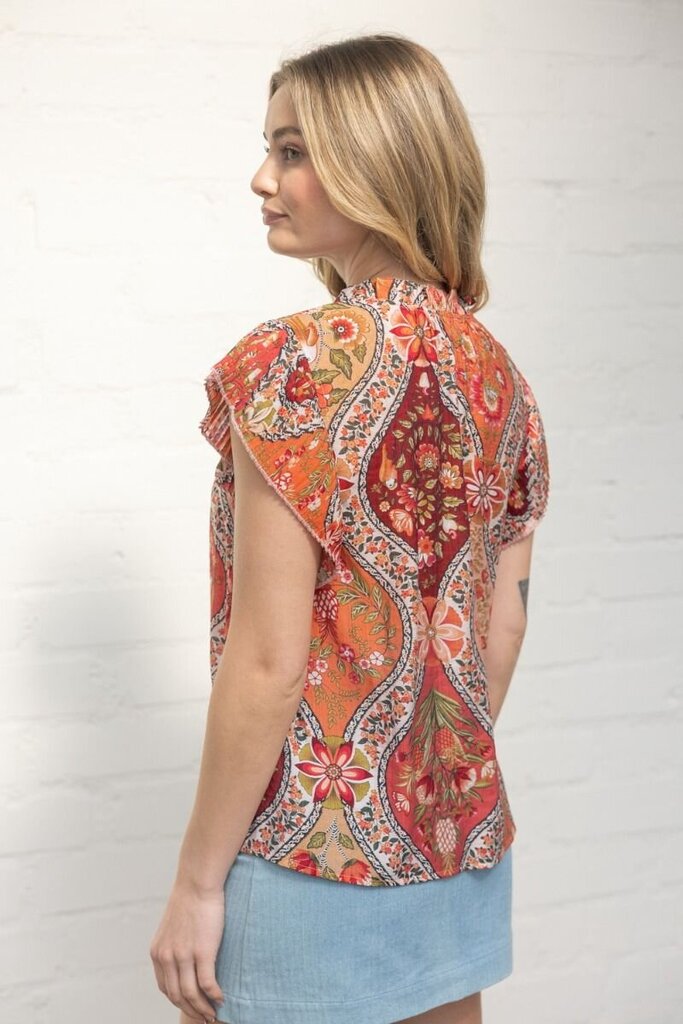 VOY Pleated Sleeve Button Down Floral Printed Top