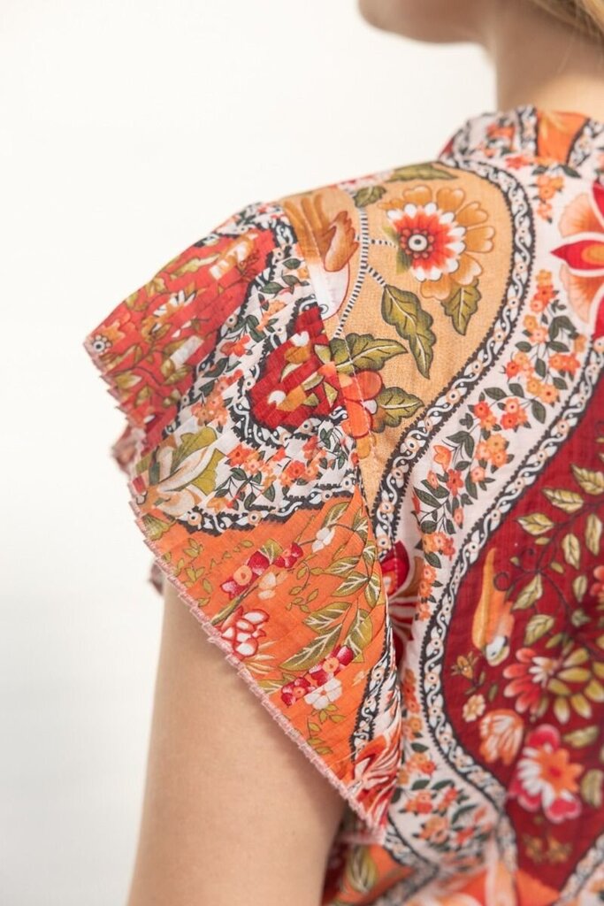 VOY Pleated Sleeve Button Down Floral Printed Top