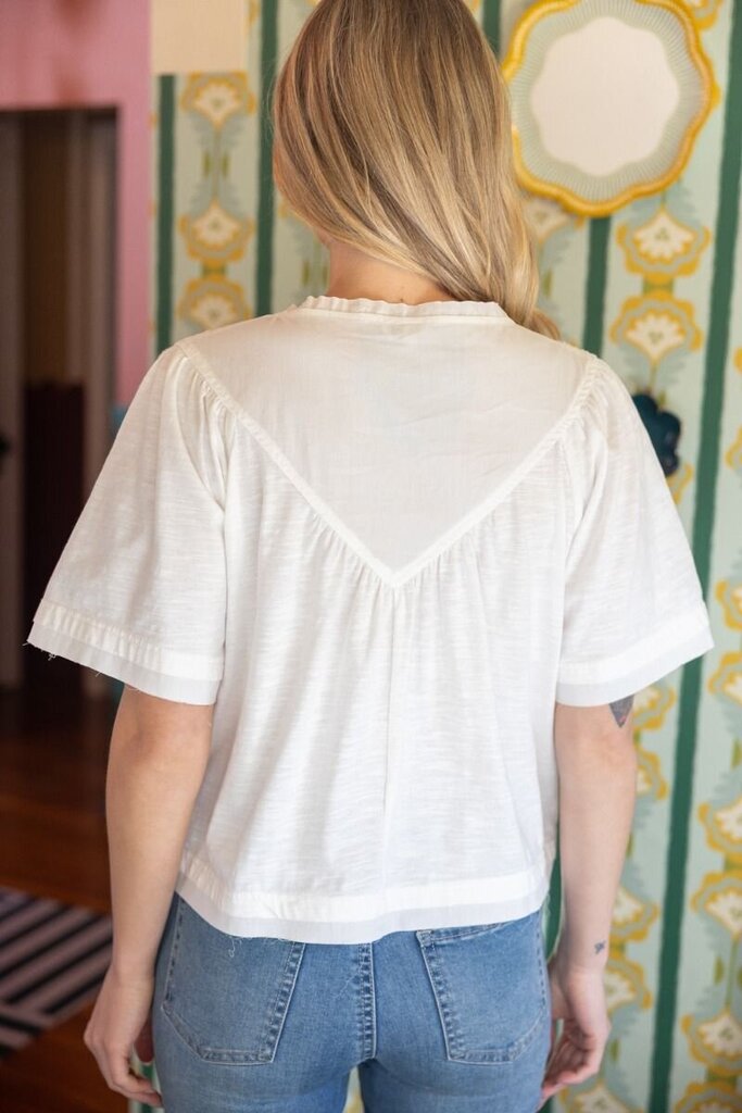 VOY White Smock Detailed V-Neck Solid Slub Knit Top