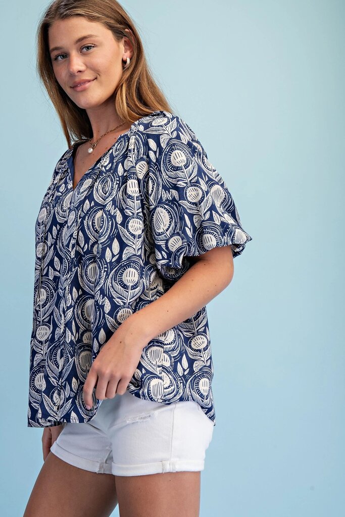 GIGIO Navy and Cream Short Sleeve Top