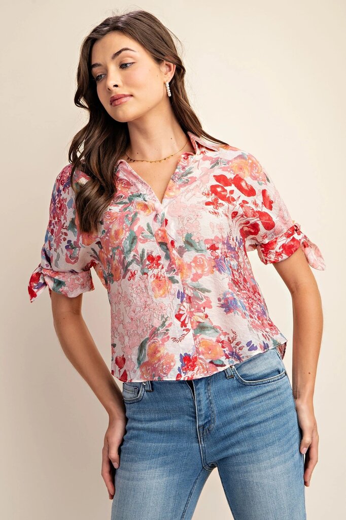 GIGIO Pink Floral Short Sleeve Button-up Top
