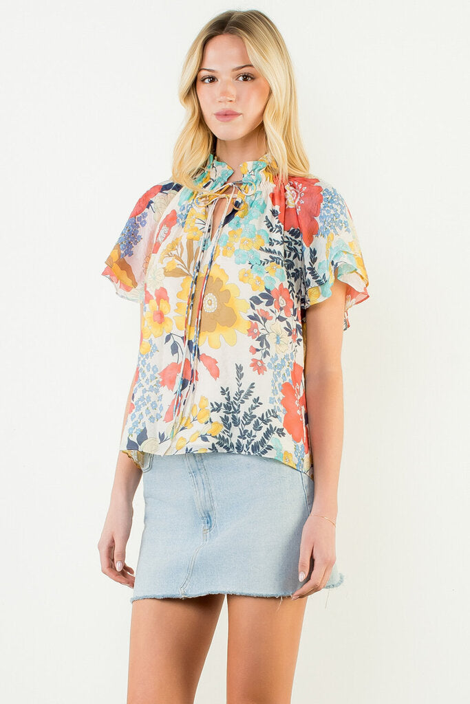 THML Cream and Multi Floral Short Sleeve Top