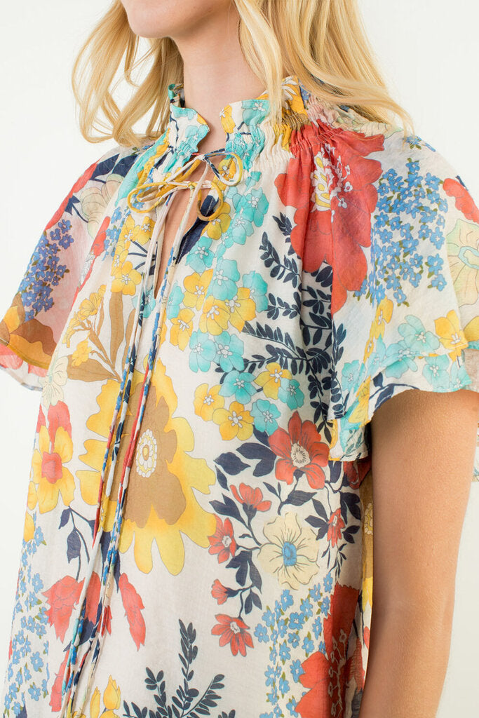 THML Cream and Multi Floral Short Sleeve Top